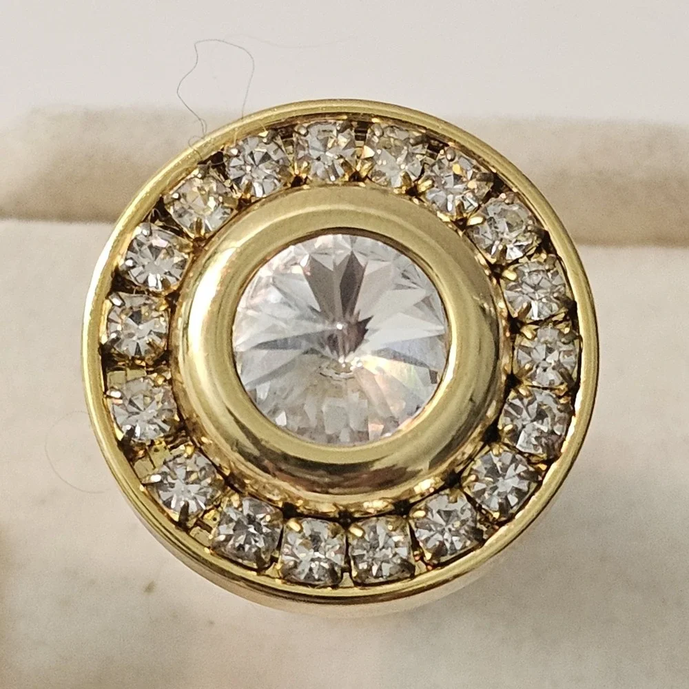 Vintage Gold Tone Cufflinks & Tie Bar Set Clear Rhinestone Halo Round Korea